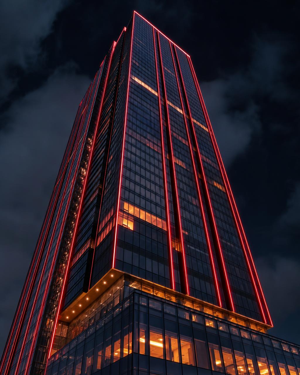 Arranha-céu corporativo iluminado em vermelho à noite